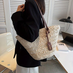 Summer Straw Woven Beach Bag Solid Shoulder Bag Vacation Tote