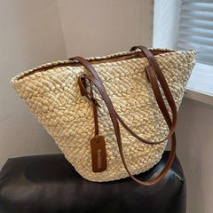 Summer Straw Woven Beach Bag Solid Shoulder Bag Vacation Tote