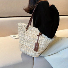 Summer Straw Woven Beach Bag Solid Shoulder Bag Vacation Tote