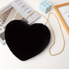 Heart Shape Plush Shoulder Bag Metal Chain Zipper Solid Crossbody Bag