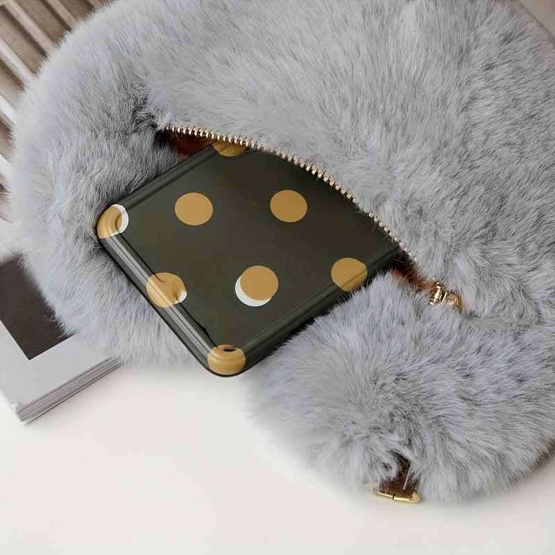 Heart Shape Plush Shoulder Bag Metal Chain Zipper Solid Crossbody Bag