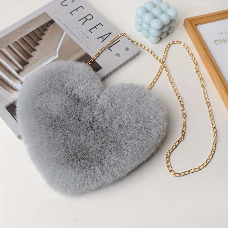 Heart Shape Plush Shoulder Bag Metal Chain Zipper Solid Crossbody Bag