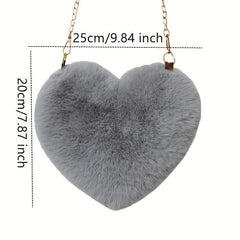 Heart Shape Plush Shoulder Bag Metal Chain Zipper Solid Crossbody Bag