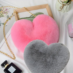 Heart Shape Plush Shoulder Bag Metal Chain Zipper Solid Crossbody Bag