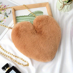 Heart Shape Plush Shoulder Bag Metal Chain Zipper Solid Crossbody Bag