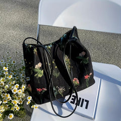 Floral Embroidery Shoulder Bag Canvas Bucket Bag Handbag