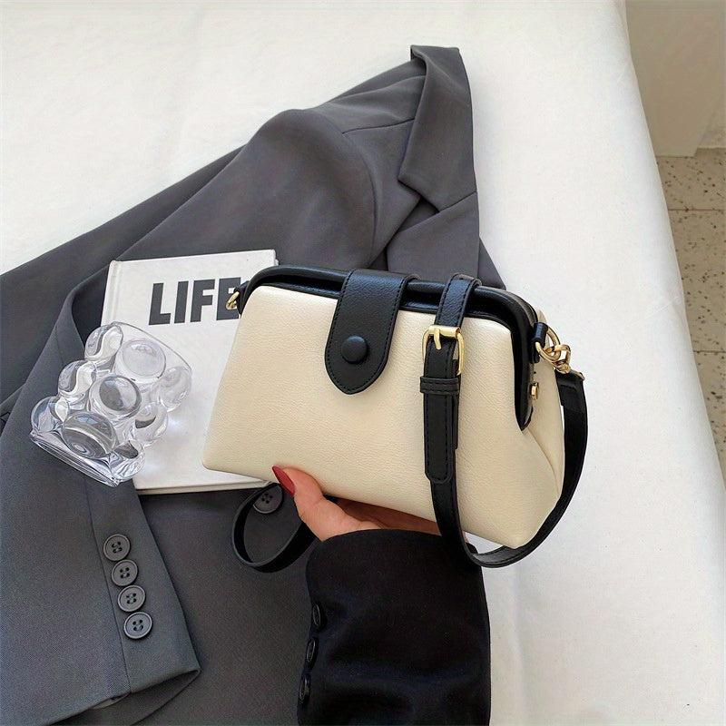 Vintage Crossbody Bag Women Contrast Shoulder Vegan Leather Clip Purse