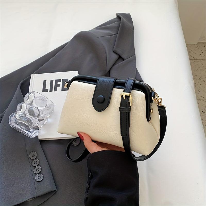Vintage Crossbody Bag Women Contrast Shoulder Vegan Leather Clip Purse