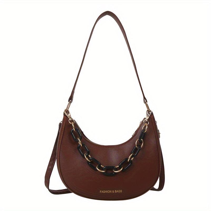 Solid Hobo Bag Chain Decor Crossbody Bag Women's Crescent Shoulder Purse