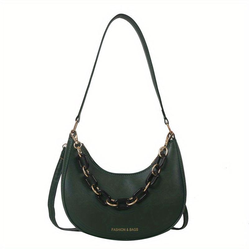 Solid Hobo Bag Chain Decor Crossbody Bag Women's Crescent Shoulder Purse