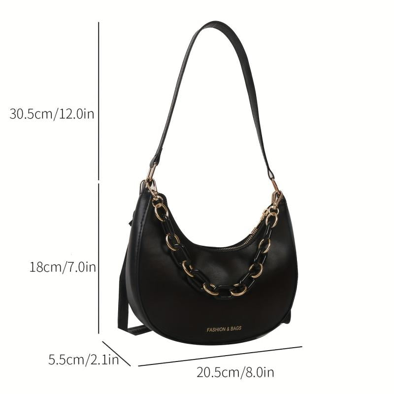 Solid Hobo Bag Chain Decor Crossbody Bag Women's Crescent Shoulder Purse