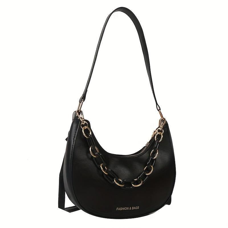 Solid Hobo Bag Chain Decor Crossbody Bag Women's Crescent Shoulder Purse