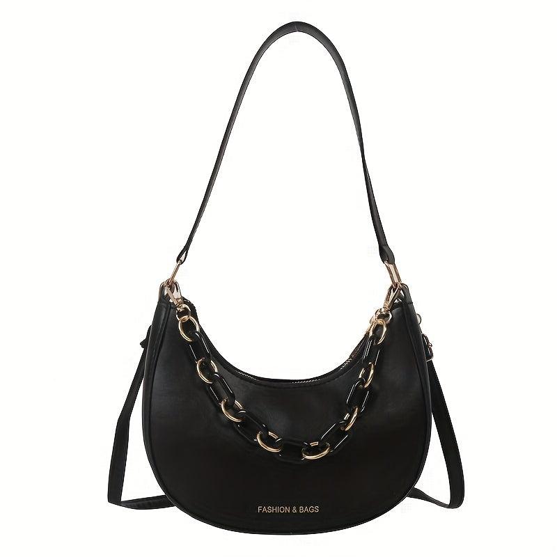 Solid Hobo Bag Chain Decor Crossbody Bag Women's Crescent Shoulder Purse