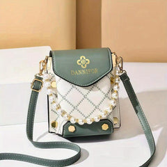 Mini Argyle Quilted Phone Bag Studded Faux Pearl Shoulder Bag