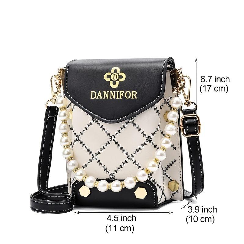 Mini Argyle Quilted Phone Bag Studded Faux Pearl Shoulder Bag