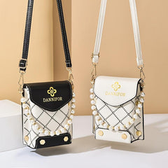 Mini Argyle Quilted Phone Bag Studded Faux Pearl Shoulder Bag