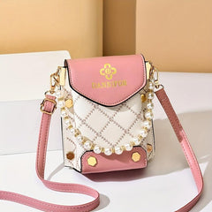Mini Argyle Quilted Phone Bag Studded Faux Pearl Shoulder Bag