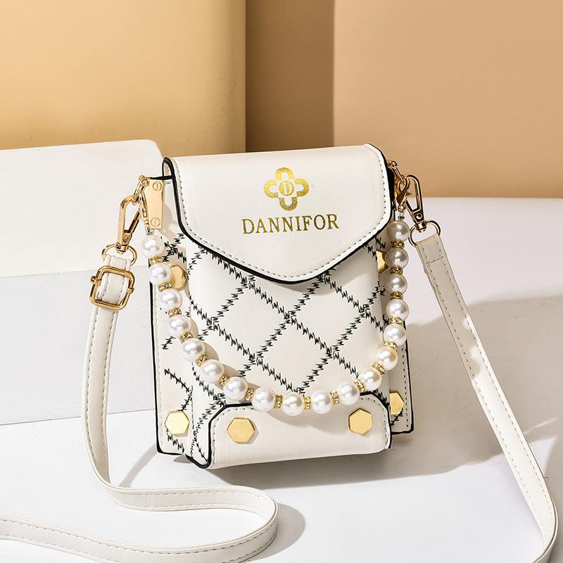 Mini Argyle Quilted Phone Bag Studded Faux Pearl Shoulder Bag