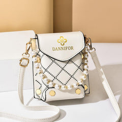 Mini Argyle Quilted Phone Bag Studded Faux Pearl Shoulder Bag