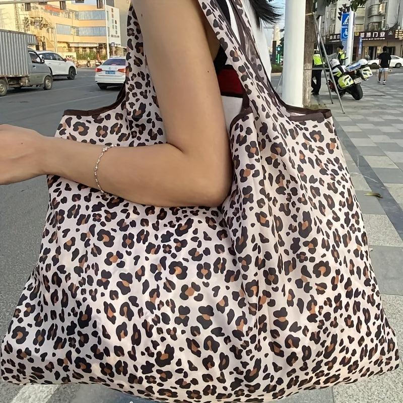Leopard Print Foldable Grocery Bag Large Capacity Storage Shoulder Bag