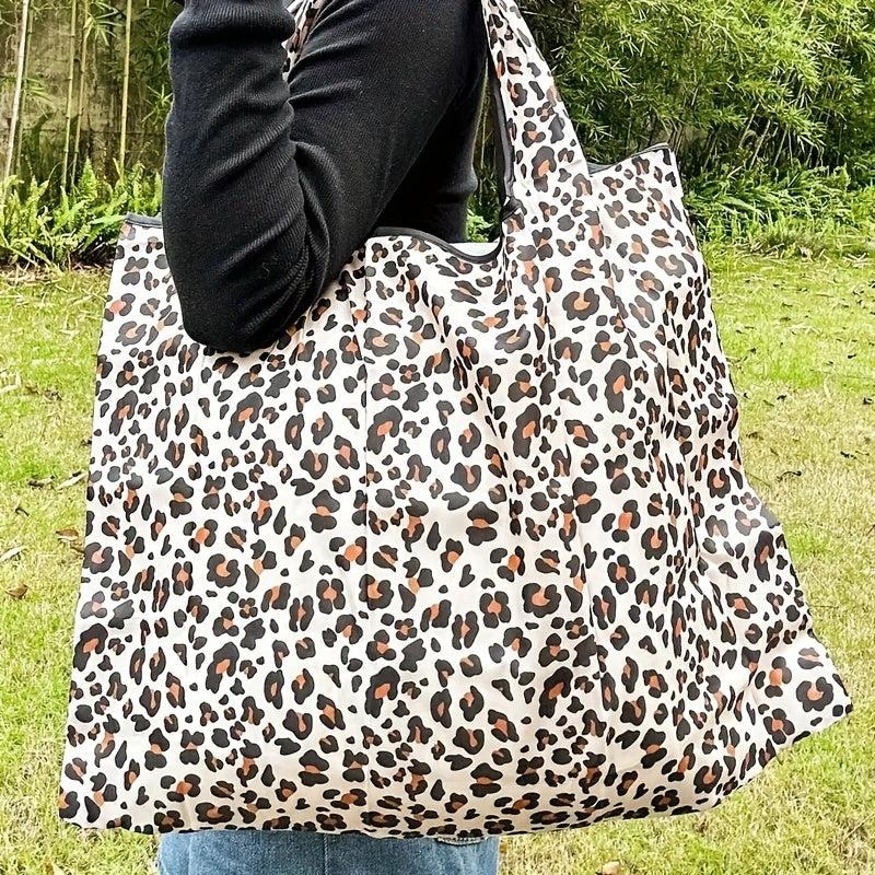 Leopard Print Foldable Grocery Bag Large Capacity Storage Shoulder Bag