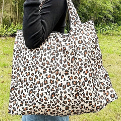 Leopard Print Foldable Grocery Bag Large Capacity Storage Shoulder Bag