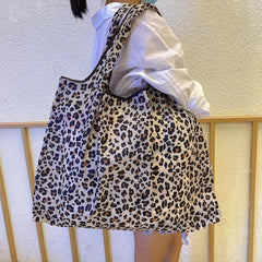 Leopard Print Foldable Grocery Bag Large Capacity Storage Shoulder Bag