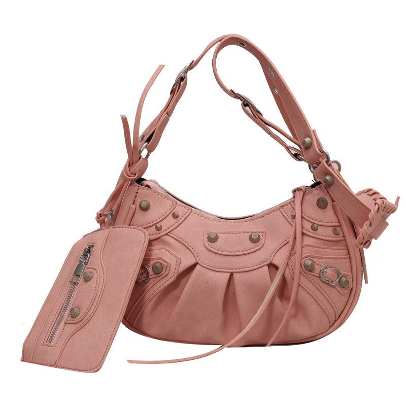 Grunge Rivet Studded Crossbody Bag Y2K Ruched Shoulder Bag