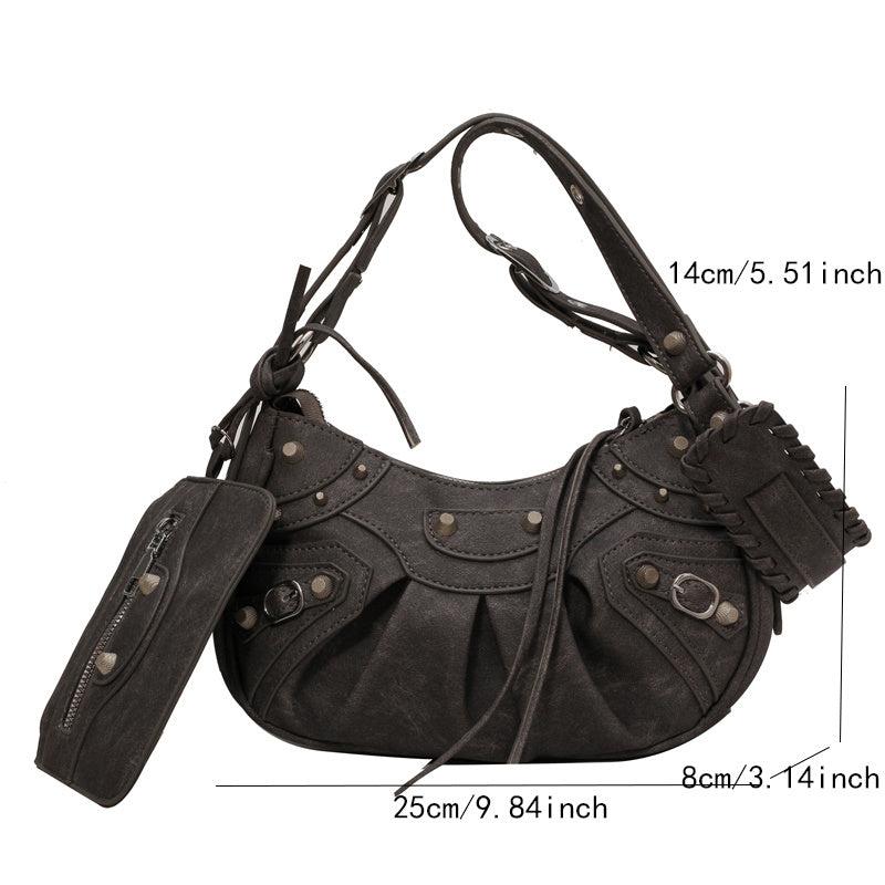 Grunge Rivet Studded Crossbody Bag Y2K Ruched Shoulder Bag