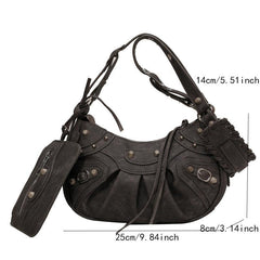 Grunge Rivet Studded Crossbody Bag Y2K Ruched Shoulder Bag