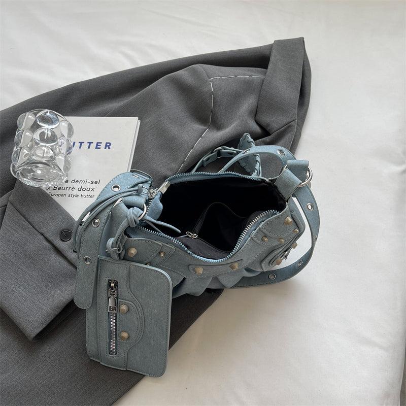 Grunge Rivet Studded Crossbody Bag Y2K Ruched Shoulder Bag