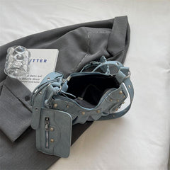 Grunge Rivet Studded Crossbody Bag Y2K Ruched Shoulder Bag