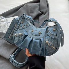 Grunge Rivet Studded Crossbody Bag Y2K Ruched Shoulder Bag