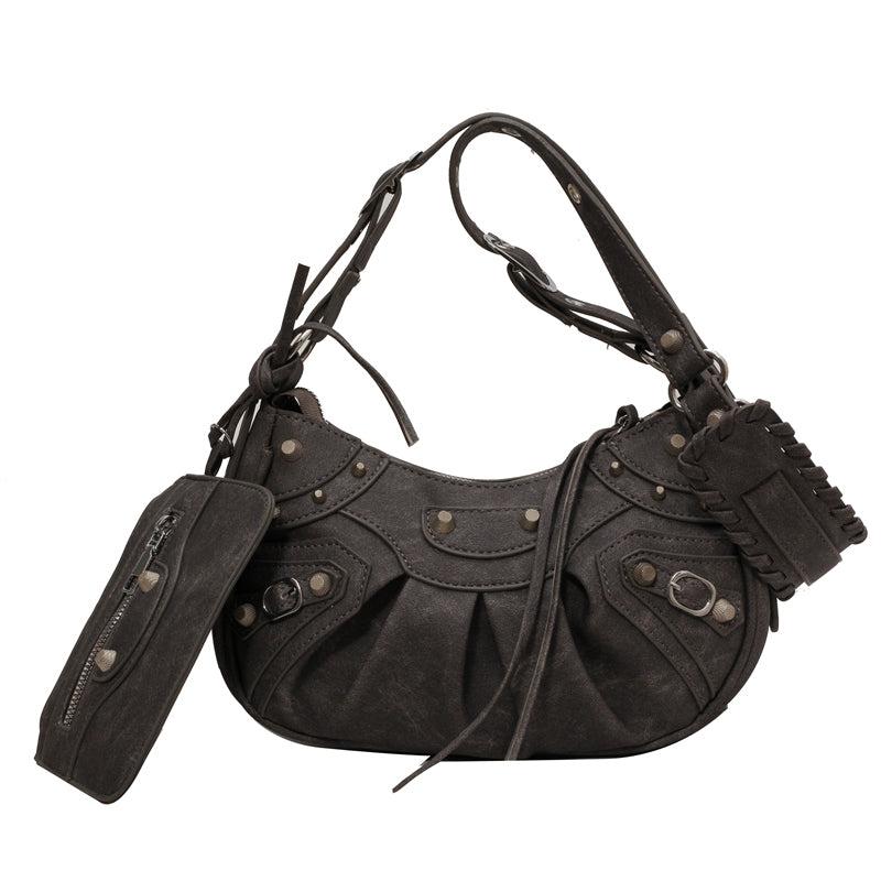 Grunge Rivet Studded Crossbody Bag Y2K Ruched Shoulder Bag