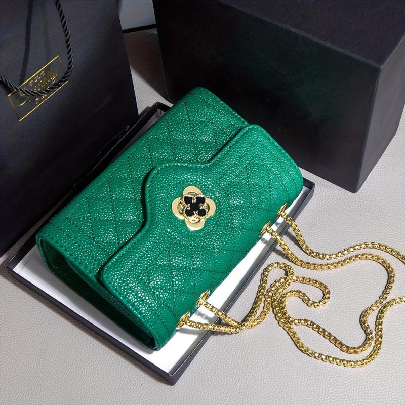 Quilted Textured Crossbody Bag Chain Shoulder Bag Four leaf Clover Decor
