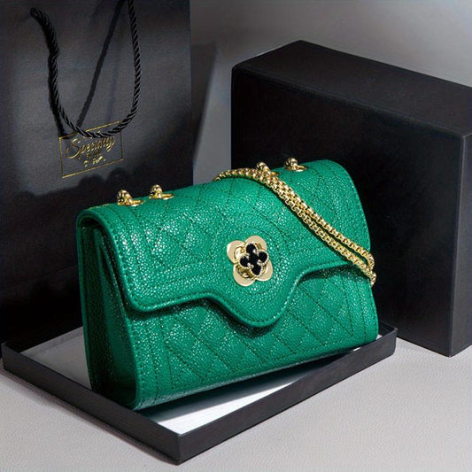 Quilted Textured Crossbody Bag Chain Shoulder Bag Four leaf Clover Decor