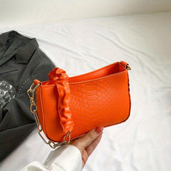 Crocodile Embossed Shoulder Bag Solid Ruched Handle Underarm Bag