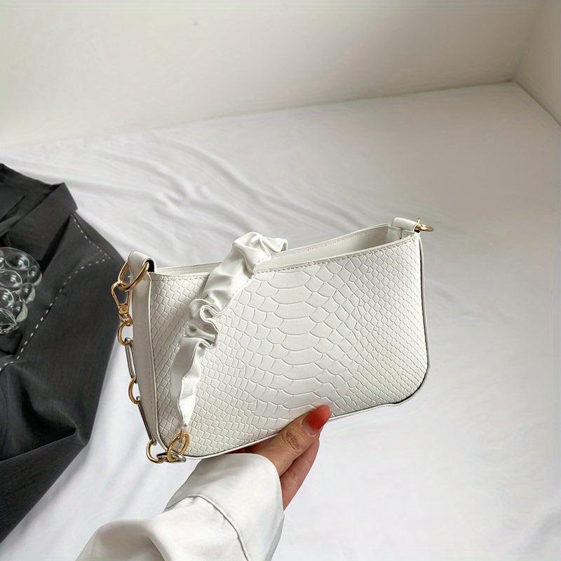 Crocodile Embossed Shoulder Bag Solid Ruched Handle Underarm Bag
