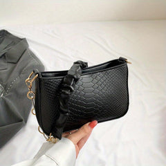 Crocodile Embossed Shoulder Bag Solid Ruched Handle Underarm Bag
