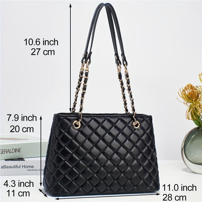Argyle Quilted Tote Bag Chain Shoulder Bag Women's PU Leather Handbags