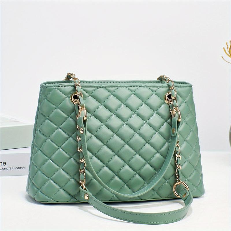Argyle Quilted Tote Bag Chain Shoulder Bag Women's PU Leather Handbags