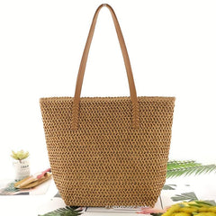 Straw Beach Bag Large Capacity Zipper Shoulder Handbag