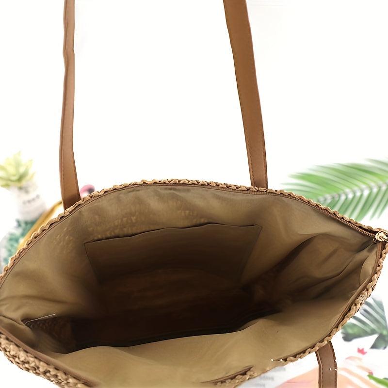 Straw Beach Bag Large Capacity Zipper Shoulder Handbag