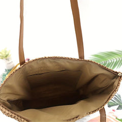 Straw Beach Bag Large Capacity Zipper Shoulder Handbag