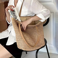 Straw Beach Bag Large Capacity Zipper Shoulder Handbag
