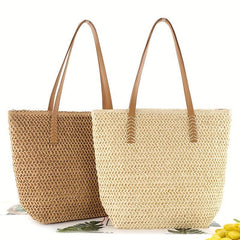 Straw Beach Bag Large Capacity Zipper Shoulder Handbag