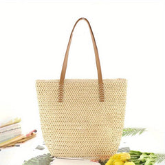Straw Beach Bag Large Capacity Zipper Shoulder Handbag