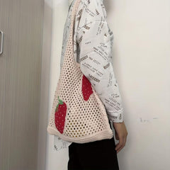 Strawberry Knitted Hobo Bag Large Capacity Crochet Beach Travel Bag