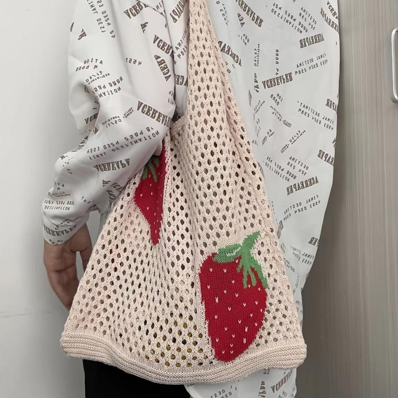 Strawberry Knitted Hobo Bag Large Capacity Crochet Beach Travel Bag