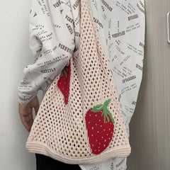 Strawberry Knitted Hobo Bag Large Capacity Crochet Beach Travel Bag